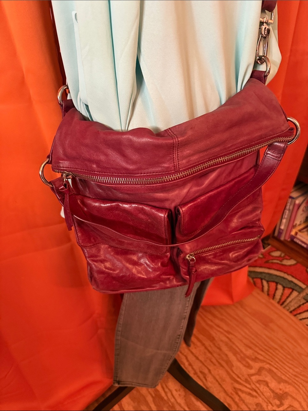 HOBO Burgundy Leather Shoulder Bag with Front Pockets - Picture 5 of 7
